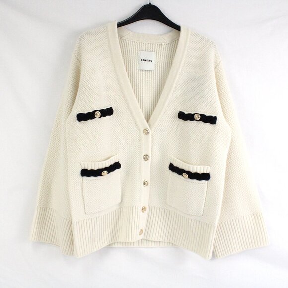 Sandro Cream Cardigan with Black Accents - Picture 1 of 16